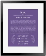 Kya personalized wall art with the story of your name in purple with black matte frame