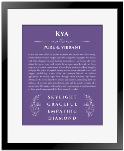 Kya personalized wall art with the story of your name in purple with black matte frame