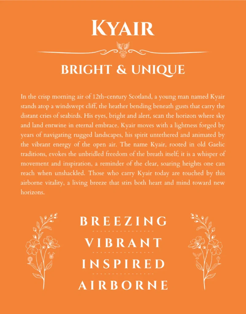 Kyair personalized name print with origin and traits in orange