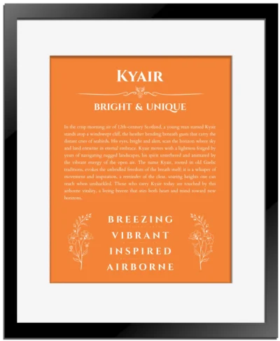 Kyair personalized name print with origin and traits in orange with black matte frame