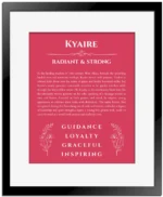 Kyaire custom name art showing meaning and origin in red with black matte frame