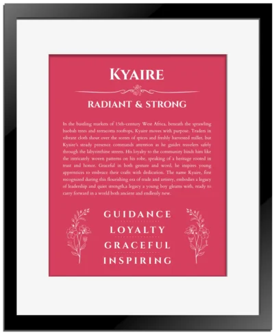 Kyaire custom name art showing meaning and origin in red with black matte frame