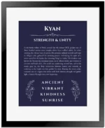 Kyan personalized name meaning print in navy blue with black matte frame