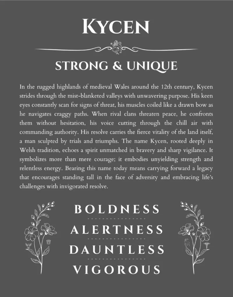 Kycen custom name art showing meaning and origin in gray