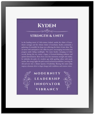 Kyden custom name meaning print in purple with black matte frame