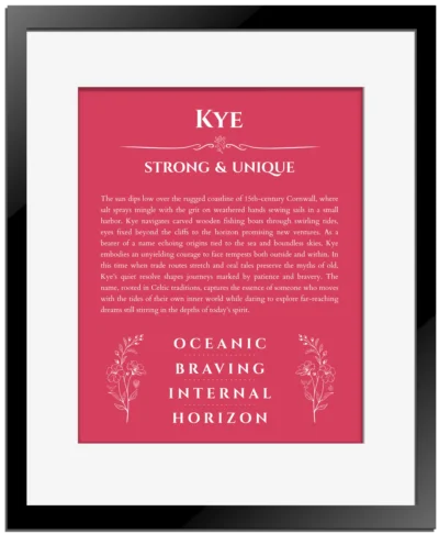 Kye personalized name print with origin and traits in red with black matte frame