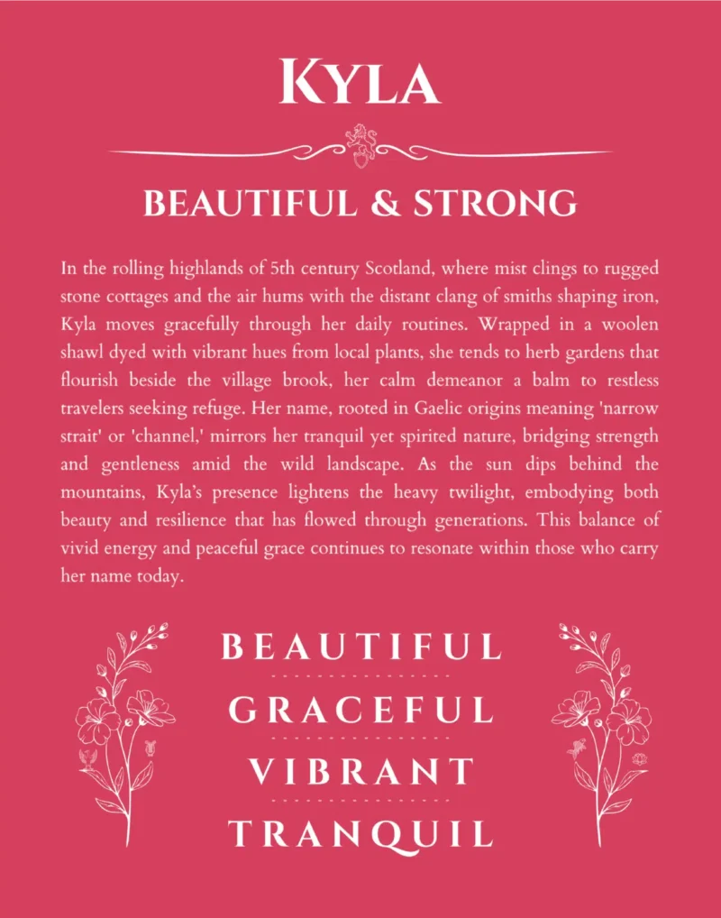 Kyla personalized name print with origin and traits in red
