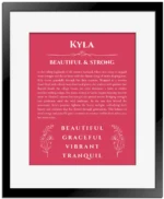 Kyla personalized name print with origin and traits in red with black matte frame