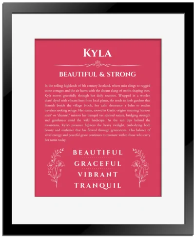 Kyla personalized name print with origin and traits in red with black matte frame