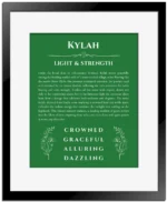 Kylah personalized wall art with the story of your name in dark green with black matte frame