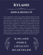 Kyland personalized name art with origin story in navy blue