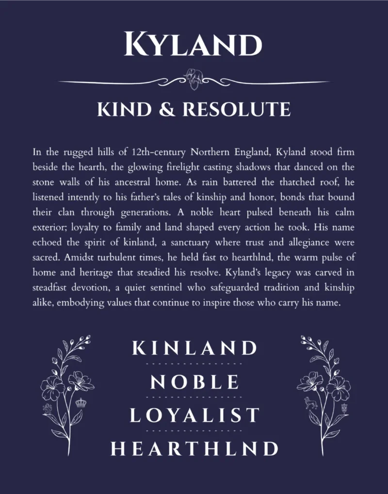 Kyland personalized name art with origin story in navy blue