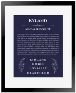Kyland personalized name art with origin story in navy blue with black matte frame
