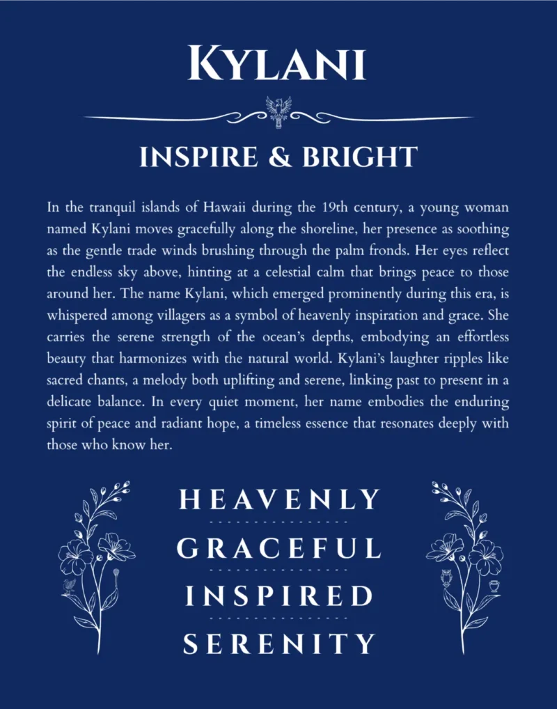 Kylani name origin print with meaning and traits in deep blue