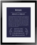 Kylee custom name meaning print in navy blue with black matte frame