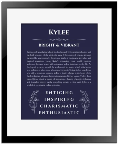 Kylee custom name meaning print in navy blue with black matte frame