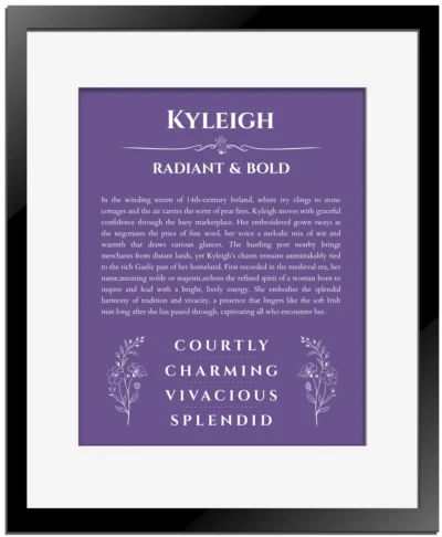 Kyleigh personalized name meaning print in purple with black matte frame