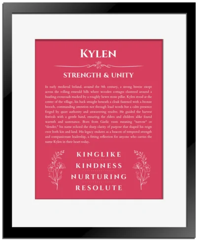 Kylen personalized wall art with the story of your name in red with black matte frame