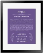 Kyler personalized wall art with the story of your name in purple with black matte frame