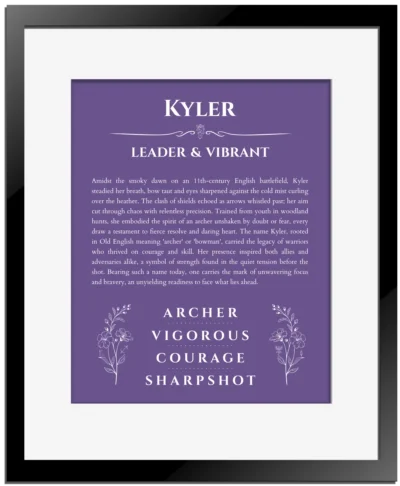 Kyler personalized wall art with the story of your name in purple with black matte frame