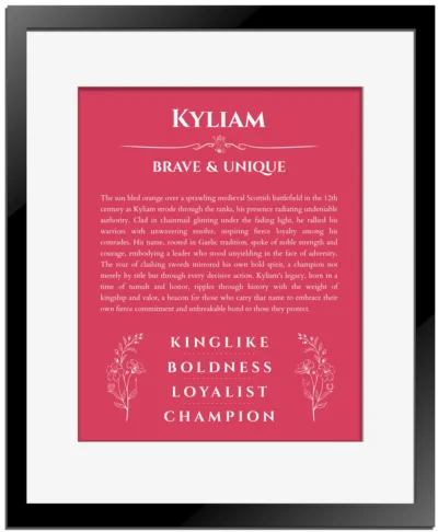 Kyliam custom name meaning print in red with black matte frame