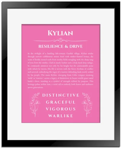 Kylian name meaning wall art by Get Your Story in pink with black matte frame