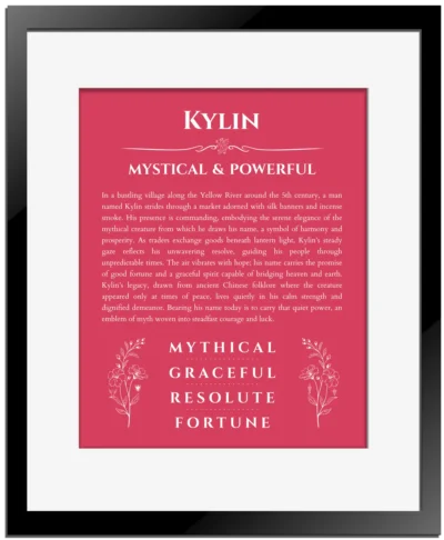 Kylin name meaning gift print in red with black matte frame