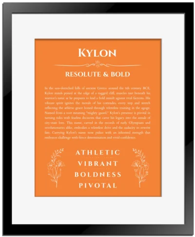 Kylon personalized name print with origin and traits in orange with black matte frame