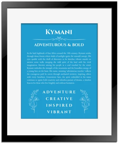 Kymani name meaning wall art by Get Your Story in blue with black matte frame