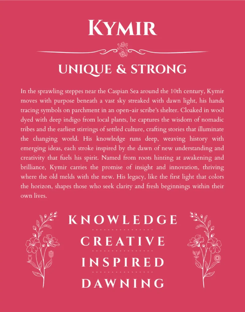 Kymir custom name art showing meaning and origin in red