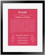 Kymir custom name art showing meaning and origin in red with black matte frame