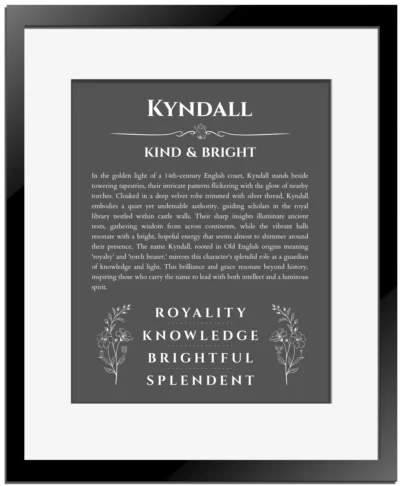 Kyndall custom name meaning print in gray with black matte frame
