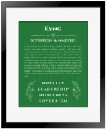 Kyng custom name meaning print in dark green with black matte frame