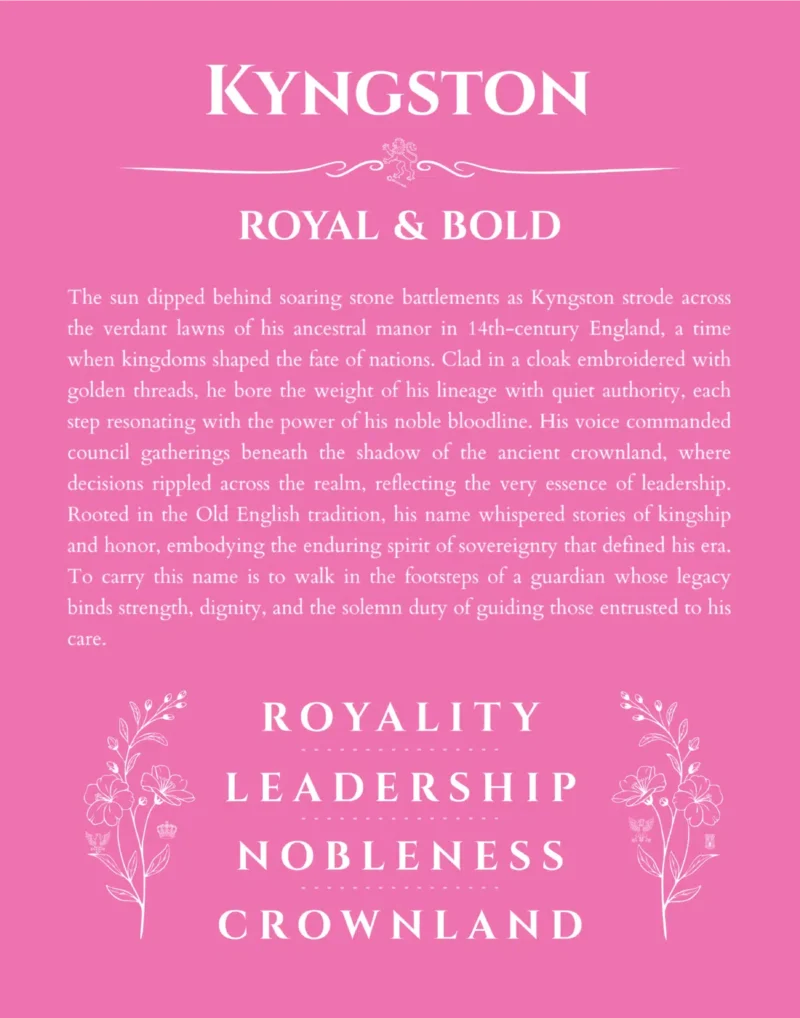 Kyngston name origin print with meaning and traits in pink