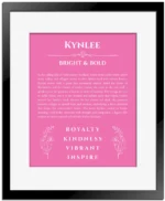 Kynlee custom name meaning print in pink with black matte frame