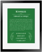 Kynslee name meaning wall art by Get Your Story in dark green with black matte frame