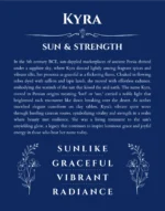 Kyra personalized name art with origin story in deep blue