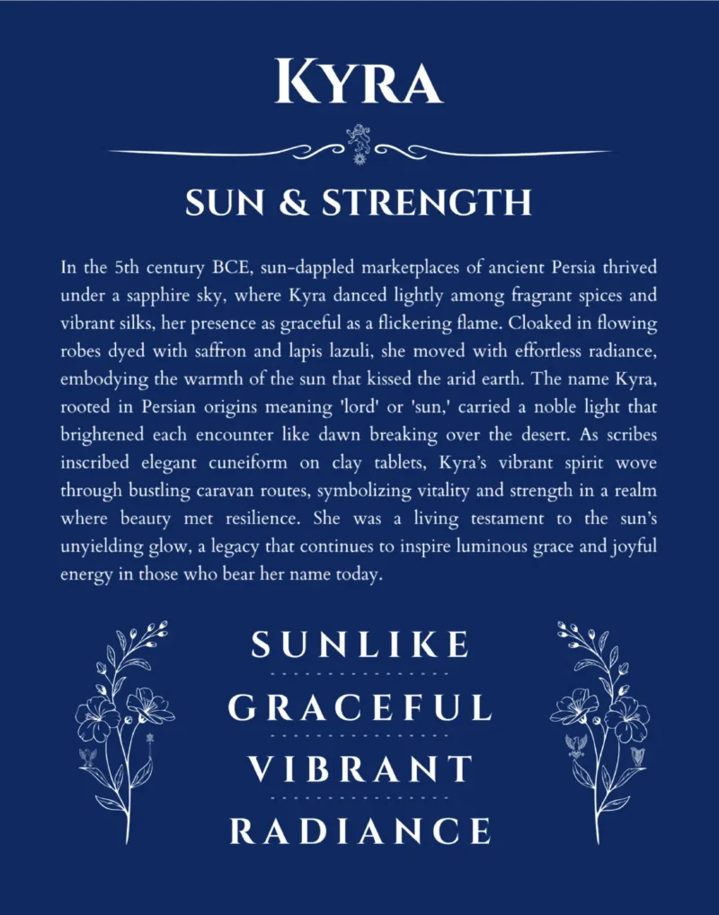 Kyra personalized name art with origin story in deep blue