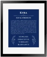 Kyra personalized name art with origin story in deep blue with black matte frame