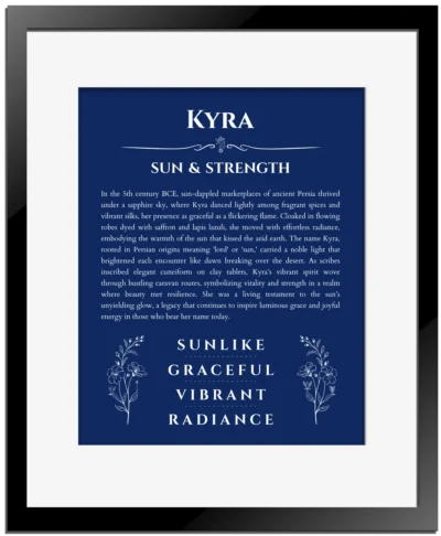 Kyra personalized name art with origin story in deep blue with black matte frame