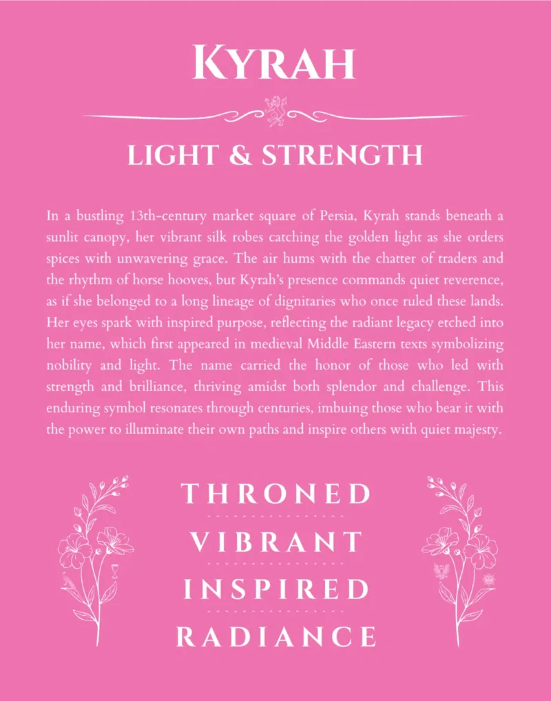Kyrah personalized name art with origin story in pink