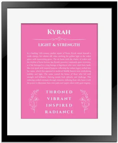 Kyrah personalized name art with origin story in pink with black matte frame