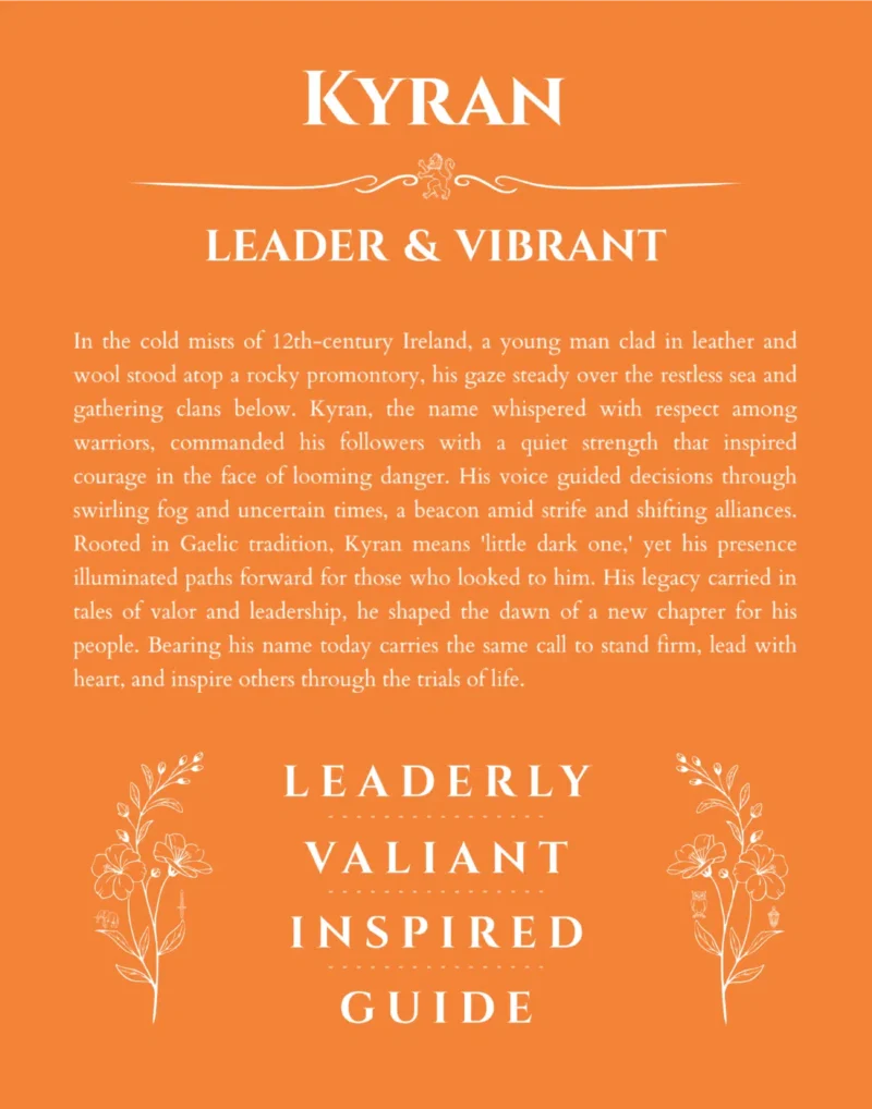 Kyran name origin print with meaning and traits in orange