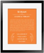 Kyran name origin print with meaning and traits in orange with black matte frame