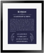 Kyren custom name art showing meaning and origin in navy blue with black matte frame
