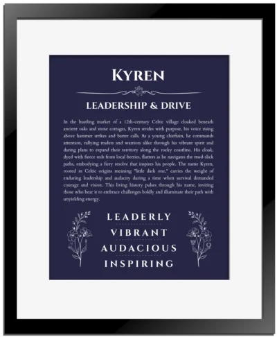 Kyren custom name art showing meaning and origin in navy blue with black matte frame