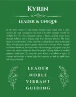 Kyrin personalized name art with origin story in dark green
