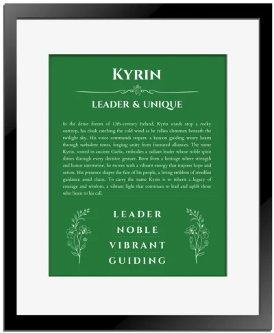 Kyrin personalized name art with origin story in dark green with black matte frame