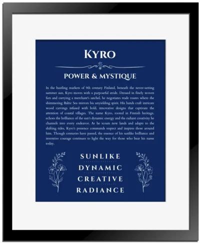 Kyro name meaning wall art by Get Your Story in deep blue with black matte frame