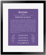 Kyzen name meaning gift print in purple with black matte frame